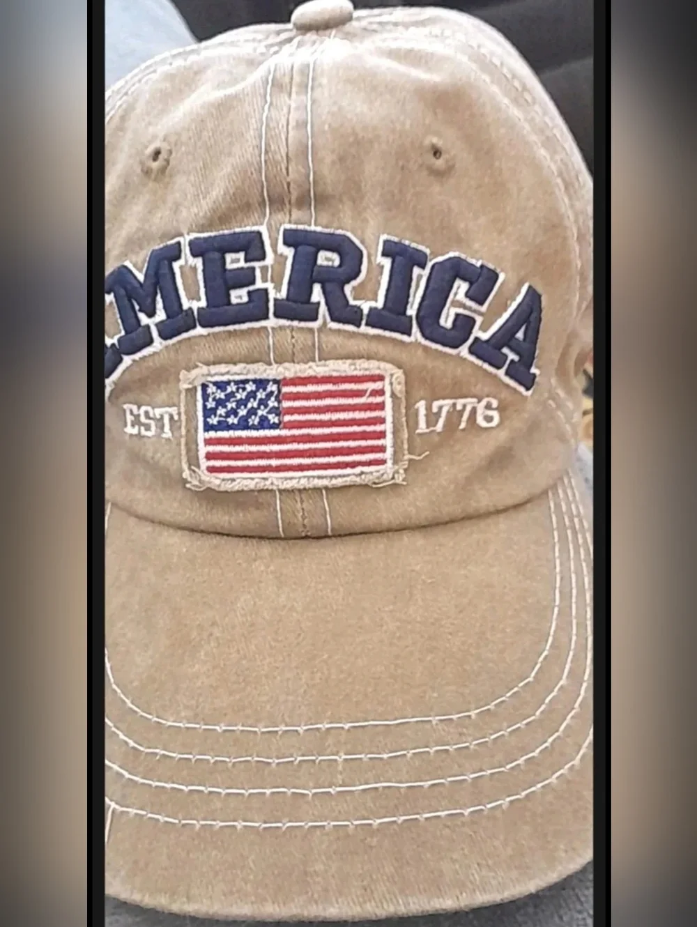 Khaki Baseball Cap with 'AMERICA' & Flag Embroidery